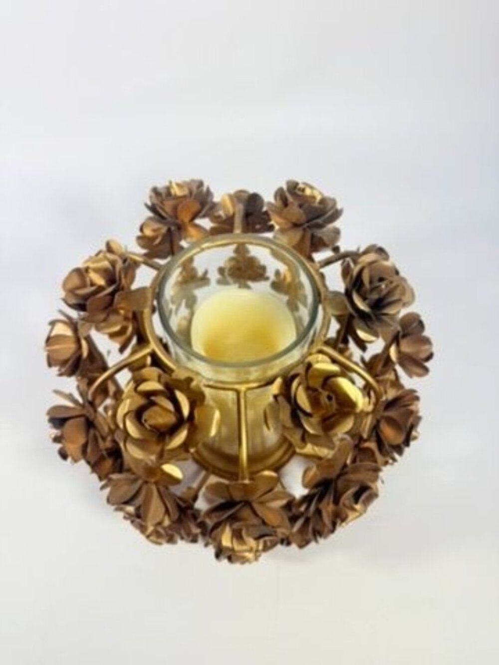 Candle Holder Vase Metal Flowers Roses Table Centerpiece Brushed Gold  Vintage T - Picture 7 of 16